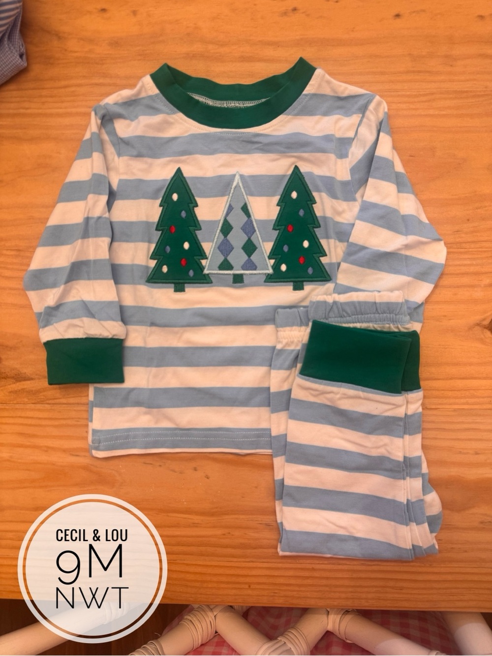 Cecil & Lou Striped Kids Pajama Set with Green Christmas Tree Appliqués 9m